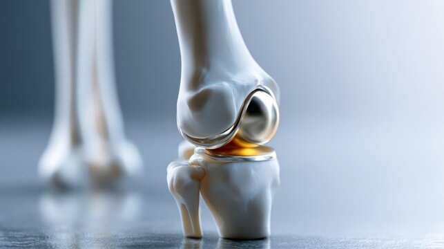 A close-up view of a prosthetic knee joint, showcasing its intricate design and metallic components. The artificial joint is depicted with a shiny silver ball and socket mechanism.