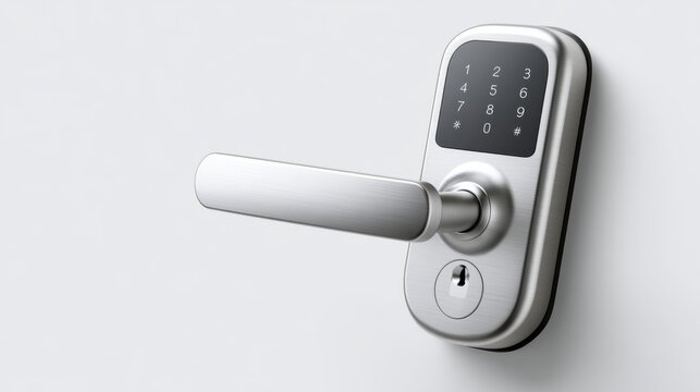 A modern electronic door lock with a keypad and a sleek metallic handle, mounted on a plain wall