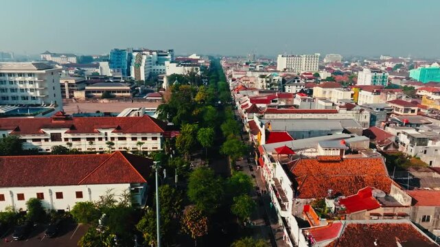 Long urban street corridor through central Yogyakarta cityscape