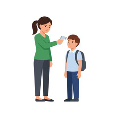 Fototapeta premium Woman checking a young student body temperature with an infrared digital thermometer before school