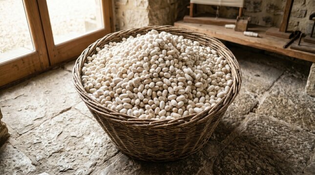 Wicker basket filled with raw white silk cocoons in a rustic workshop. Traditional sericulture and textile production concept. Natural fiber material for sustainable craft and fabric making.