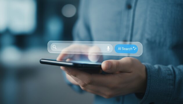 AI search technology on smartphone, user entering a query with voice assistant interface for information retrieval, digital discovery, online research, business productivity, and smart automation.