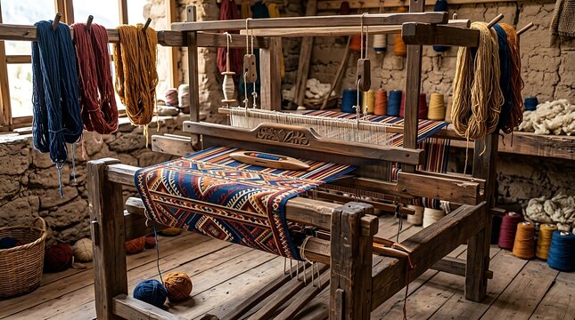 Traditional wooden weaving loom with colorful yarn in rustic workshop