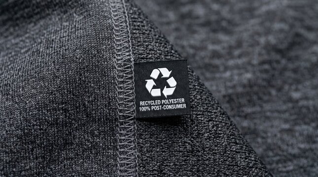 Close-up of recycled polyester clothing label with recycling symbol. Sustainable fashion, textile production, circular economy, and environmentally responsible material concept.