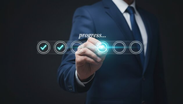 Professional corporate businessman using stylus for touching digital holographic progress checklist interface tracking task completion step for modern project workflow productivity management system.