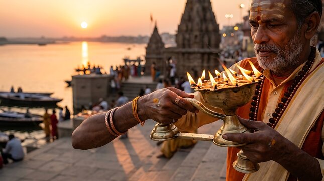 Hindu priest performing religious aarti ritual at sunset in varanasi