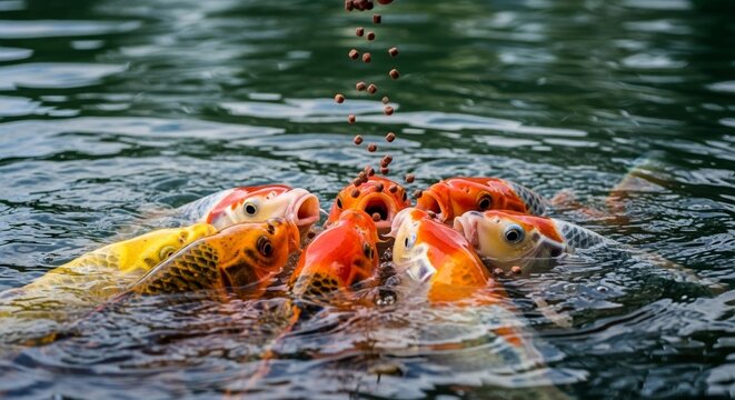 Feeding koi fish in traditional Japanese pond with colorful carps gathering for pellets on water. Feeding koi fish showcases Japanese heritage and nature. Concept feeding koi fish in Japan.