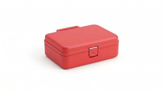 A compact rectangular red plastic storage container with a secure metal latch isolated on a white background for organized small items