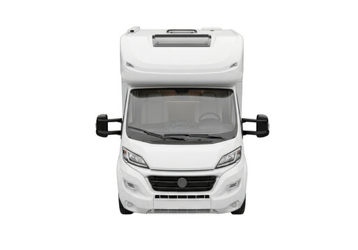 Front view of a white camper van isolated on transparent background