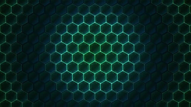 Hexagonal grid pattern with glowing neon green cells on a dark background, creating a futuristic, technological, and abstract visual effect, perfect for digital design and sci-fi themes