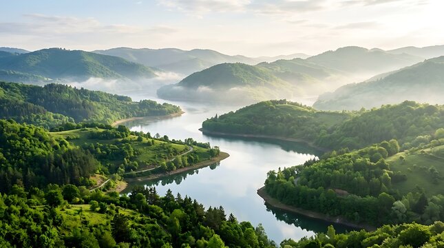 Aerial view of a misty river winding through lush green mountains