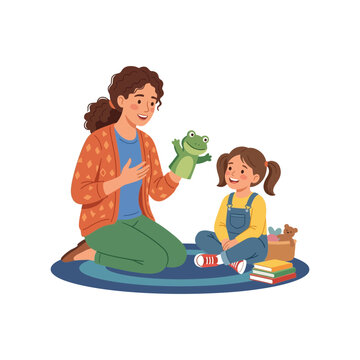 A mother and her young daughter playing with a cute frog hand puppet while sitting on a round rug