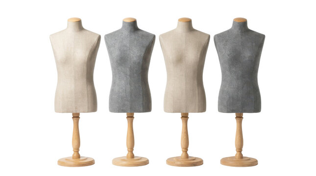 Row of four professional tailor mannequins in beige and grey fabric textures on wooden stands displayed against transparent background.