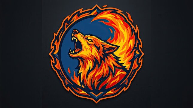 Howling wolf mascot logo inside flaming circular frame.