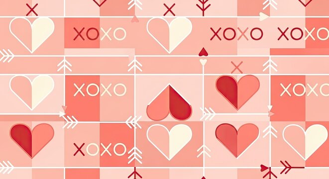 Pink XOXO heart pattern with arrows and checks.