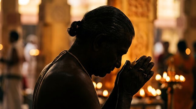 Silhouette of a man praying in a temple during a religious ceremony