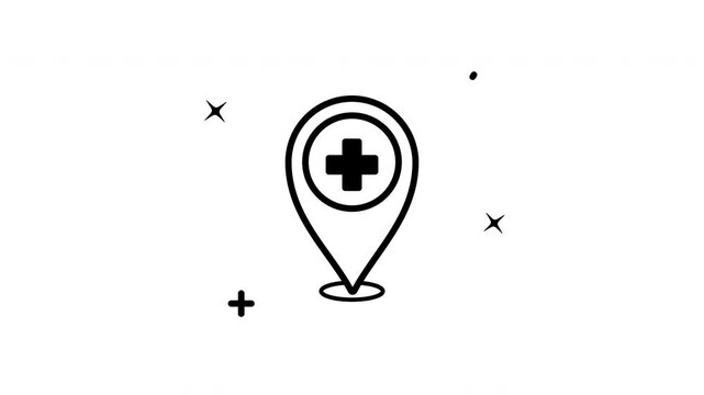 Simple hospital location icon animation transparent background with a black map pin for healthcare navigation. Suitable for medical websites, apps, and directories for easy navigation.