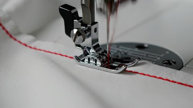 Close-up of sewing machine stitching red thread on white fabric