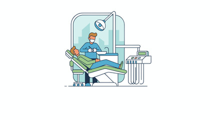 Fototapeta premium Professional dentist in a face mask treating a male patient lying on an adjustable medical chair in a clinic.
