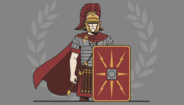 Strong Roman centurion warrior wearing a historic helmet and red cape while holding a golden patterned shield.