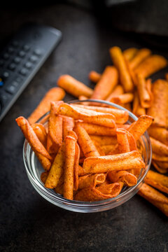 Spicy Corn Snack Chips in Glass Bowl for TV Night and Party Munching