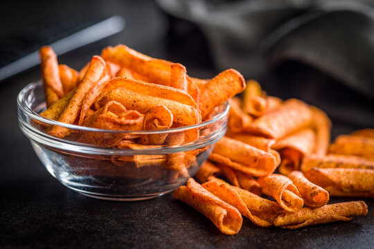 Spicy Corn Snack Chips in Glass Bowl for TV Night and Party Munching