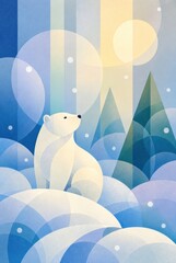 Obraz premium A beautiful geometric art piece featuring a white polar bear sitting amidst snowy hills and stylized mountains under a soft, glowing sun.