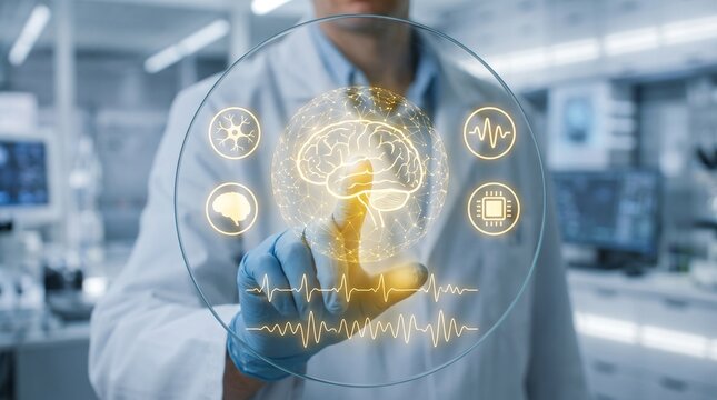 Futuristic medical technology with scientist touching digital brain interface, advanced neurology research in laboratory, innovative healthcare concept with holographic neural display