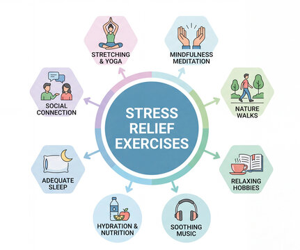 Stress relief exercises infographic illustrating mindfulness yoga and healthy habits for mental wellness and relaxation