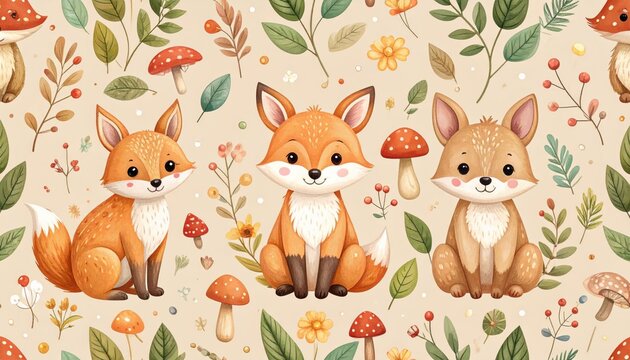 Cute Funny Cartoon Fox Character Set, Adorable Baby Animals Vector Illustration Collection with Fox, Squirrel, Rabbit, Bear, Dog and Cat for Seamless Pattern Design