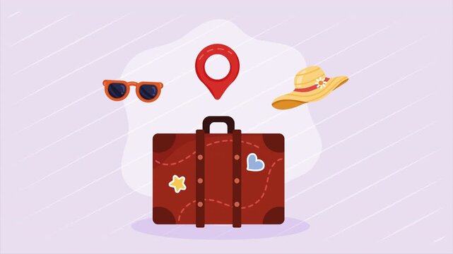 Luggage Sitting Below Sunglasses Location Pin and Straw Hat on Pale Patterned Background, Motion Graphic Animation for Summer Vacation Tourism Concept.