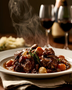 Steaming Coq au Vin Plate with Carrots and Herbs, Dramatic Culinary Presentation