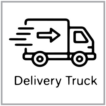 Black and white delivery truck icon showing fast shipping and transport service symbol for logistics business website and mobile application user interface design