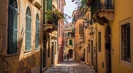 Fototapeta premium Historic European cobblestone street with rustic shutters.