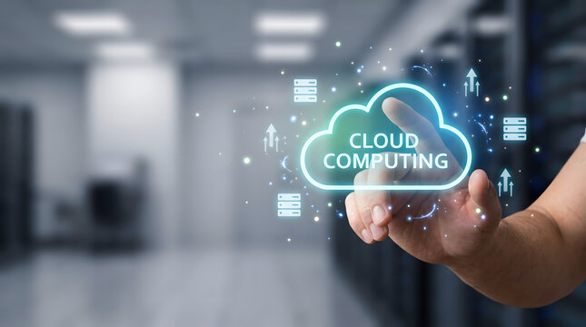 Cloud computing technology concept featuring holographic cloud storage and digital infrastructure
