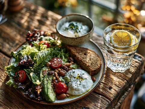 Top-down flat lay of fresh low-sugar salad with avocado, whole grains, yogurt, and lemon water on rustic wood. Bright airy lighting and minimalist styling for health campaigns.
