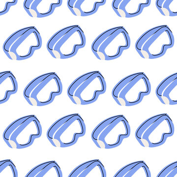 Vector illustration seamless pattern of blue ski goggles and snowboarding masks isolated on white background.