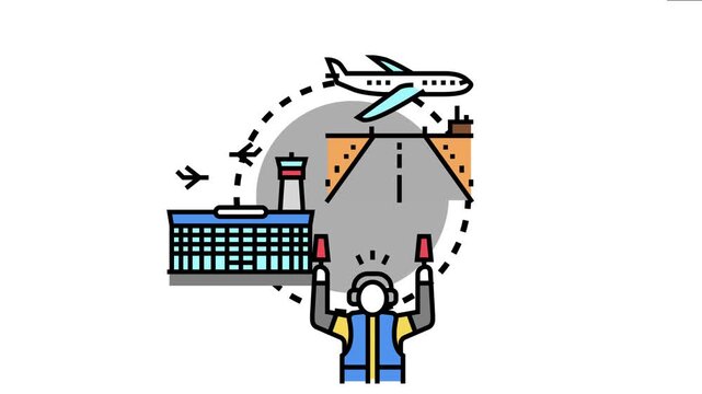 Airport operations management with a ground crew marshalling an airplane, symbolizing processes for aircraft maintenance, modernization, and air travel infrastructure development