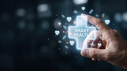 Obraz premium Holographic AI healthcare concept showing smart medical technology with glowing cross symbol and digital health interface