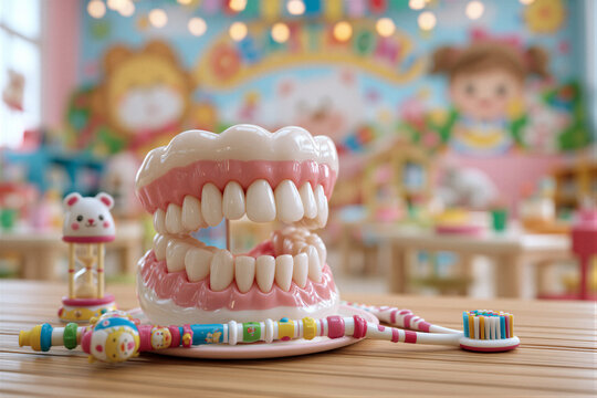 Translucent dental model with pink gums, colorful toothbrush, and sand timer on wood. Warm diffused lighting, blurred classroom backdrop, clean negative space. Ideal for pediatric oral health...