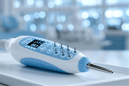 Close-up of ultrasonic dental scaler on white tray with medical blue design. Studio lighting, soft bokeh background, cool palette, right negative space perfect for dental marketing.