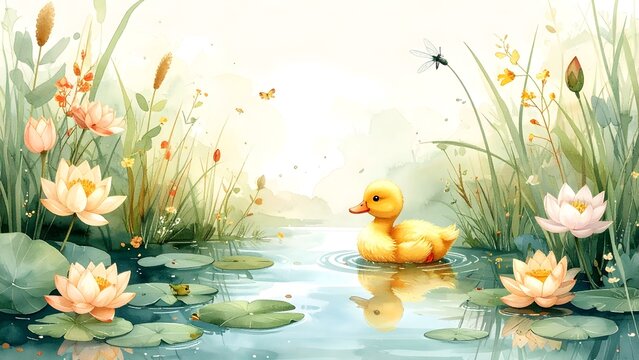 Watercolor Duckling Swimming in a Lotus Pond
