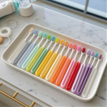 Flat lay of assorted interdental brushes, floss, and water flosser on marble. Soft natural light, cool tones, sharp bristle detail, right copy space for dental advertising and e-commerce.