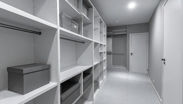Modern walk-in closet with white shelving and grey storage.