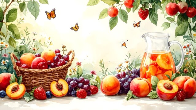 Watercolor Fruit Basket with Fresh Peaches and Berries