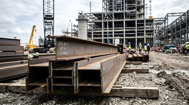Industrial Steel Beams Stacked at Active Construction Site with Building Structure and Cranes in Background