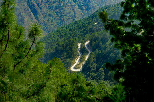 Bhoutan, a winding mountain road winding through the wooded foothills, characteristic of the Himalayan landscapes of Bhutan.
