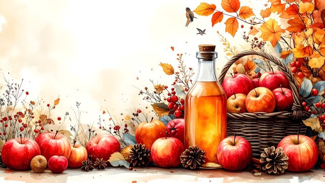 Watercolor Apple Cider with Fresh Apples and Autumn Leaves