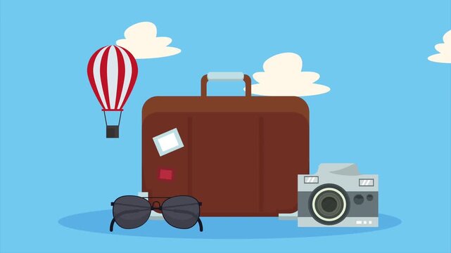 Travel scene featuring brown luggage, camera, and sunglasses with hot air balloon floating in clear blue sky, summer vacation concept.