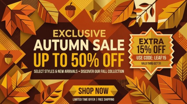 Autumn sale promotional banner with geometric fall leaves. Seasonal discount flyer for retail marketing. Warm orange and brown autumn background.